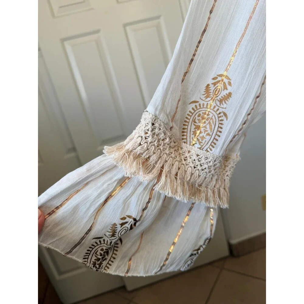 Namaste India Women S Dress Gold White Embroidered Bell Sleeve Festival Boho - Picture 5 of 16